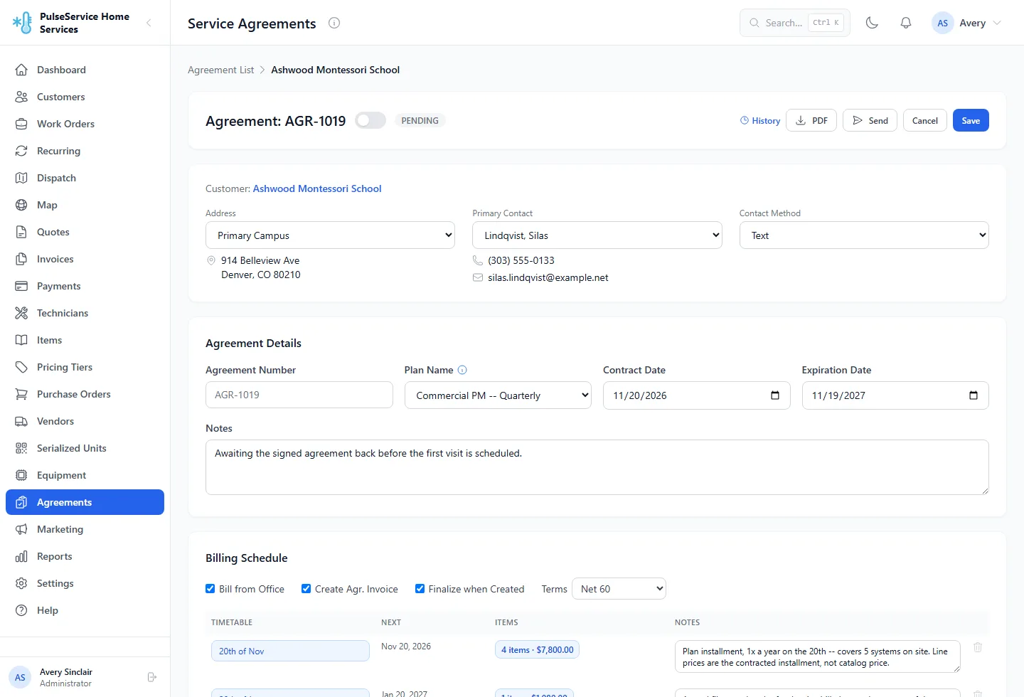 Service agreement billing schedule, with recurring billing rows kept separate from the maintenance visit schedule