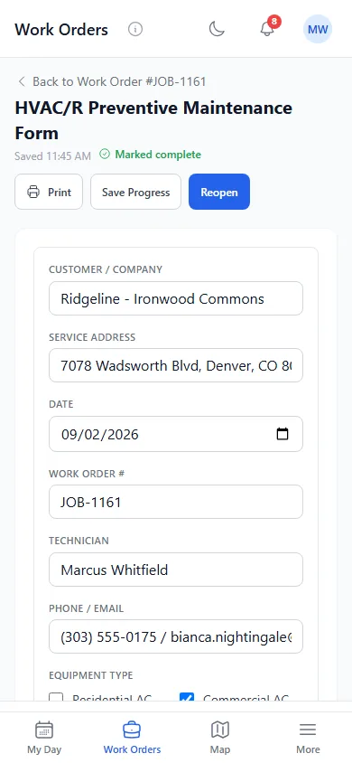 HVAC preventive maintenance inspection form on a phone, with its equipment checklist and operating readings