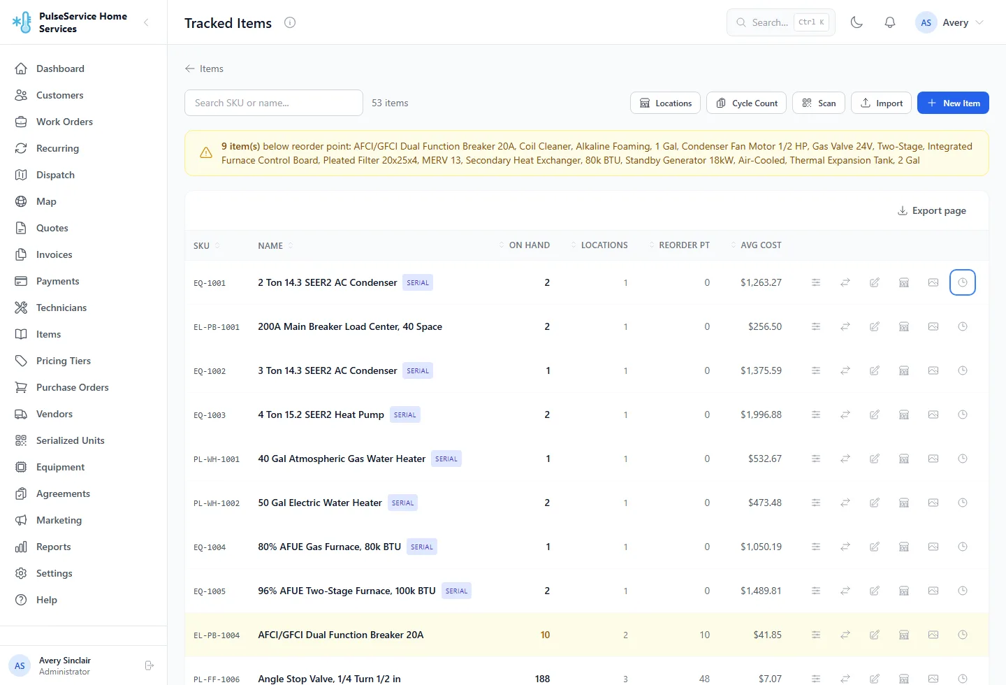 Inventory item transaction ledger showing receipts, transfers and job issues with a running quantity balance