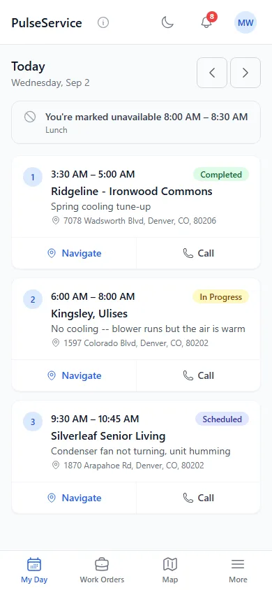 A technician's daily agenda on a phone, listing each assigned job with its time, address and status