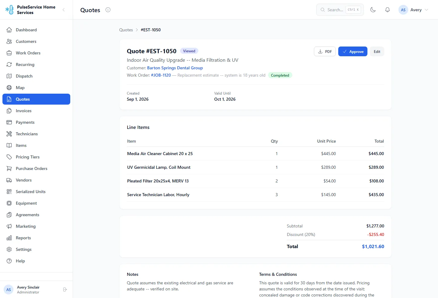 Customer quote showing itemised line items, a discount, the total and its approval status