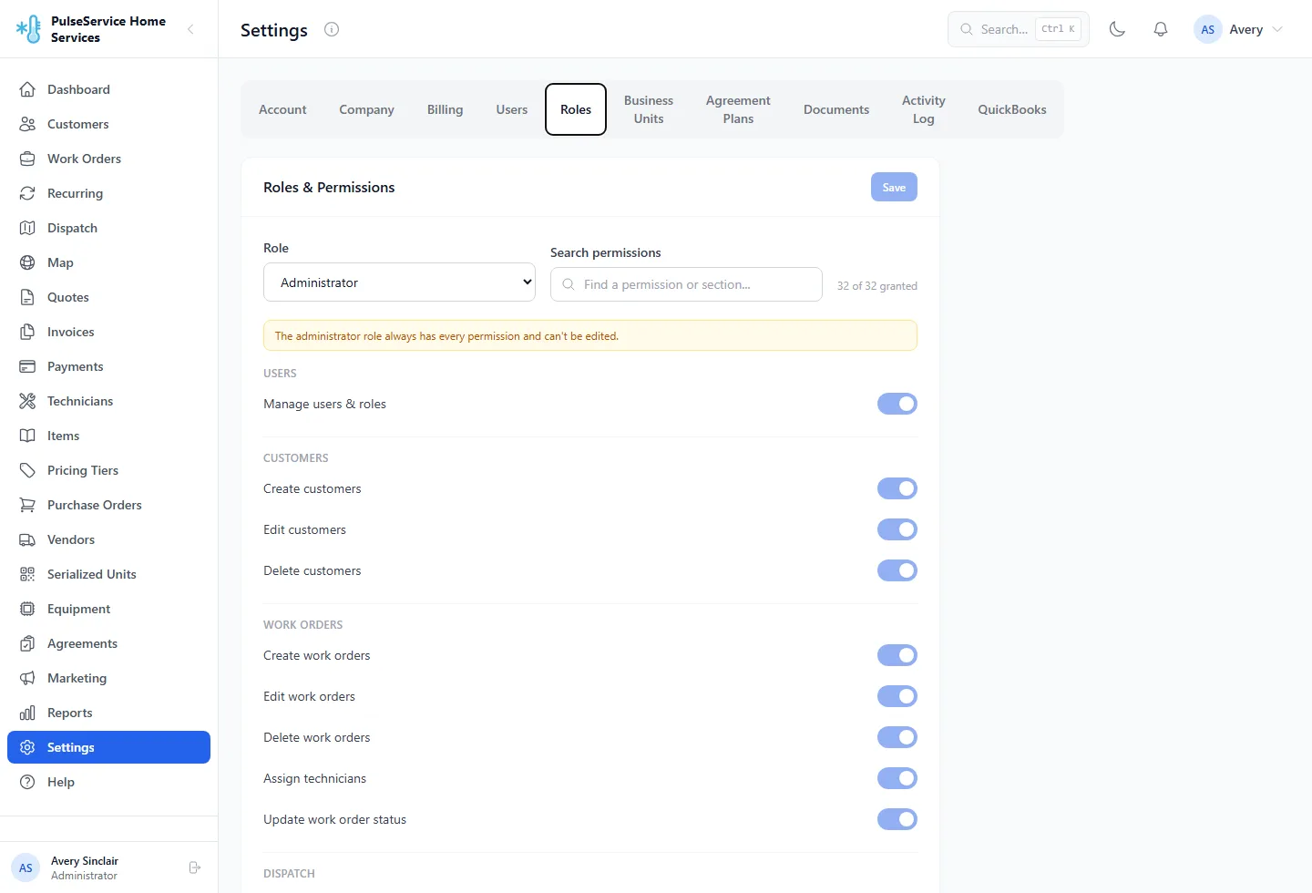 Role permission matrix granting or revoking each of the platform's permissions per role